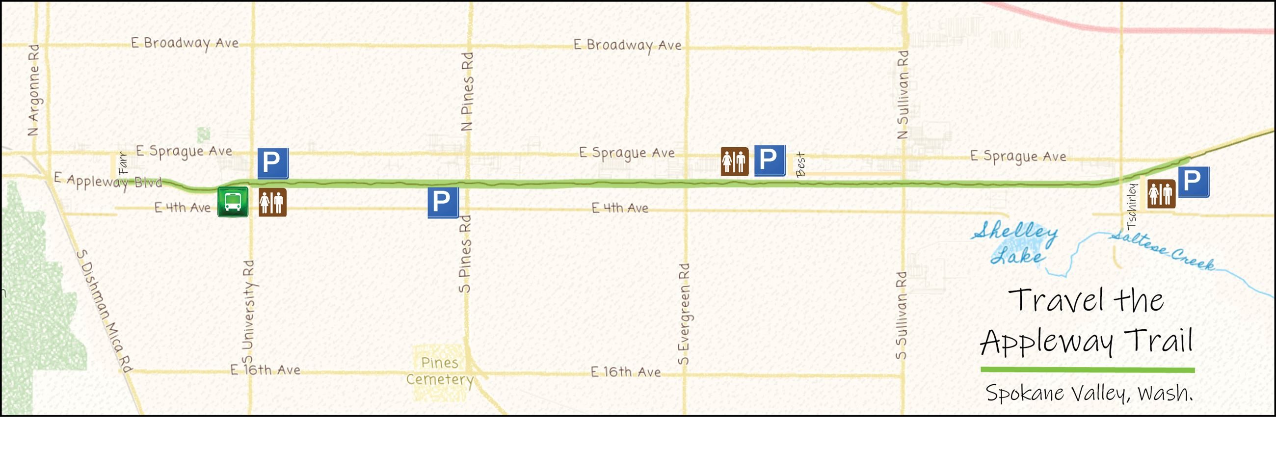 A map of the development of the Appleway Trail in Spokane Valley.