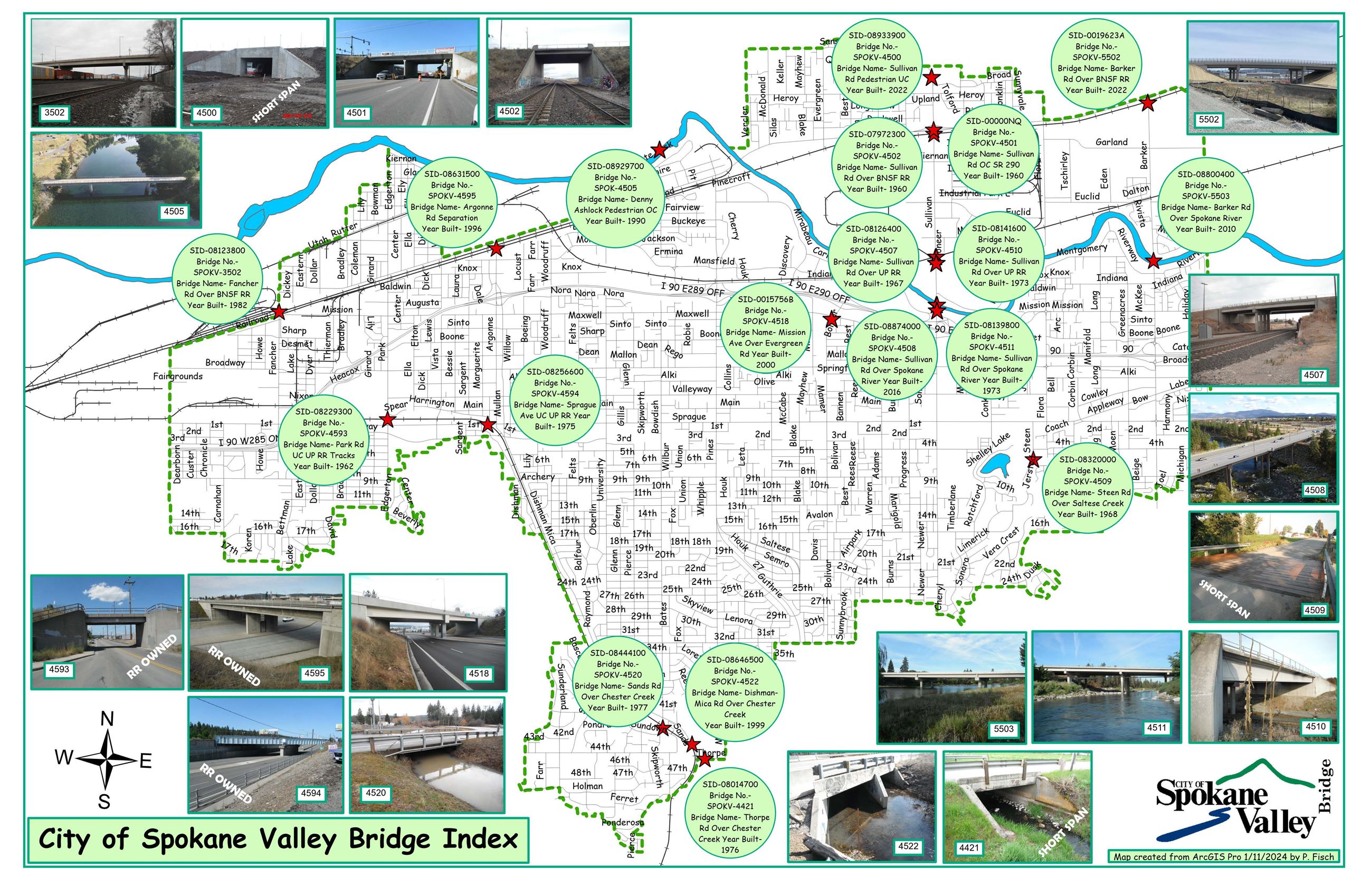 A map of all bridge index locations in the Spokane Valley area.