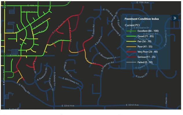 Map showing pavement condition index of Ridgemont Estates